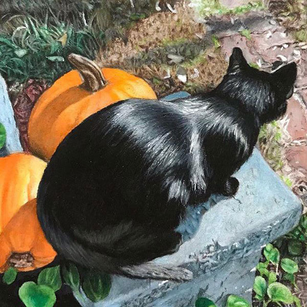 cat with pumpkins painting