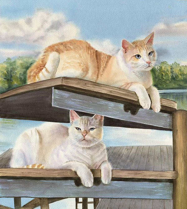 cats on wharf watercolor