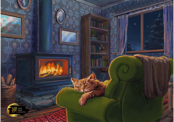 cat by the fireplace art