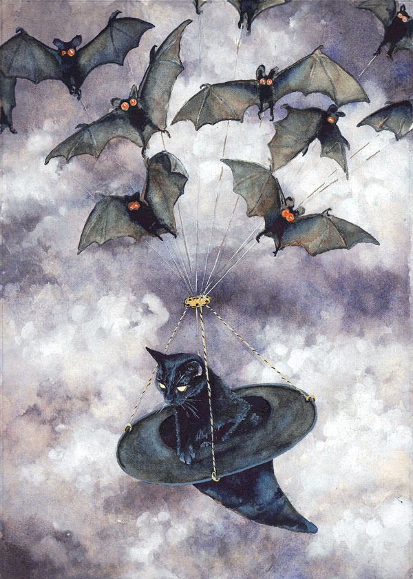 cat in witches hat with bats art