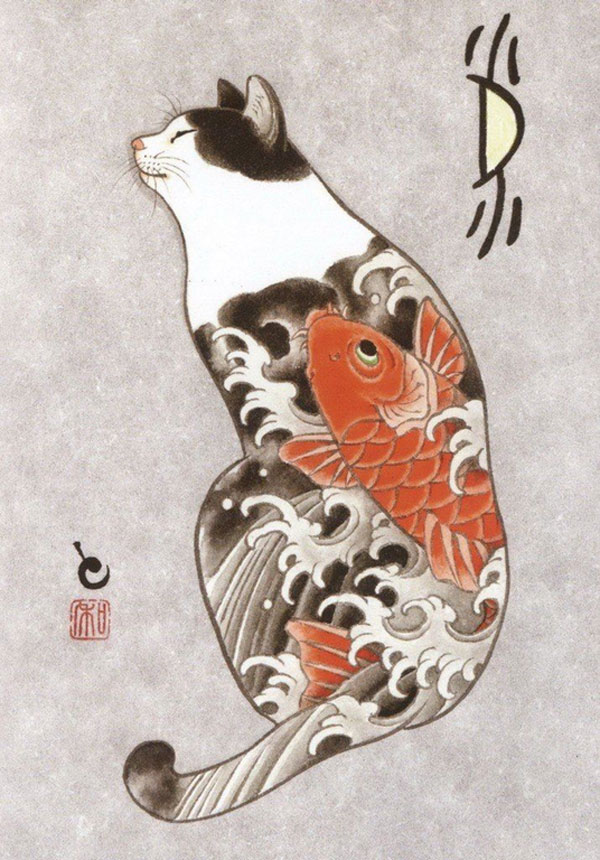 cat with fish tattoo art
