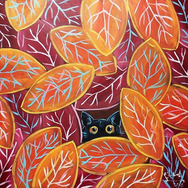 crazy kitten eyes in leaves art