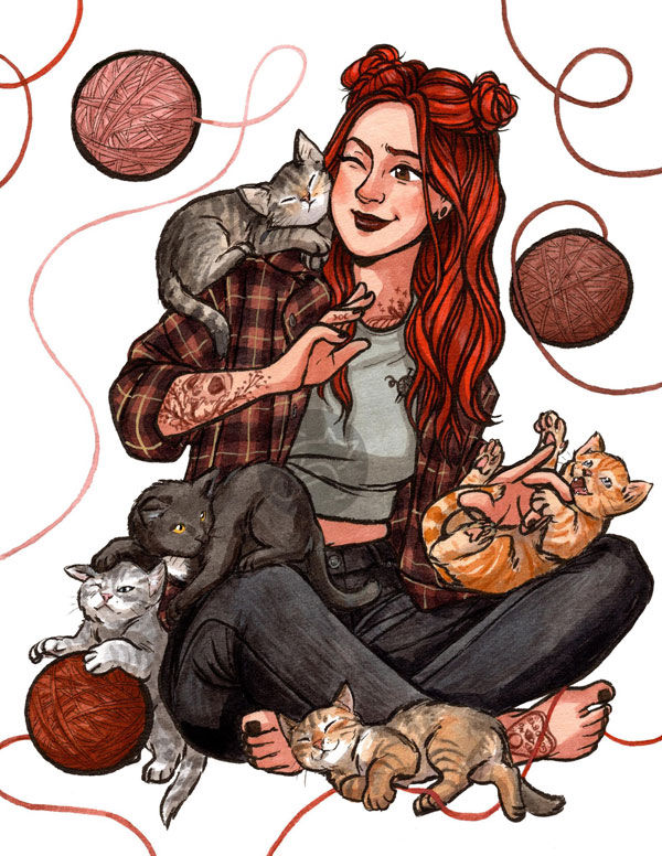 girl with kittens art