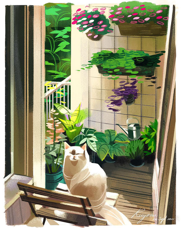 sunbathing cat art