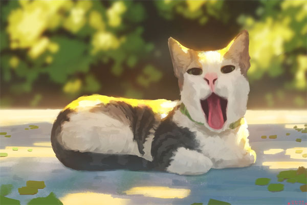 yawning sunbathing cat art