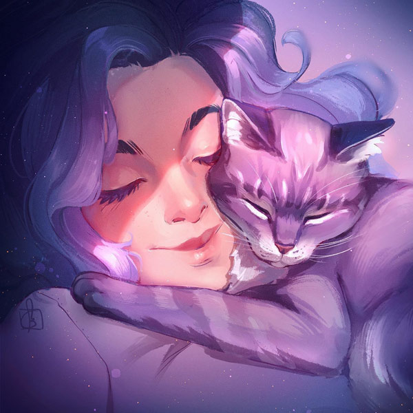 girl and her cat hug art