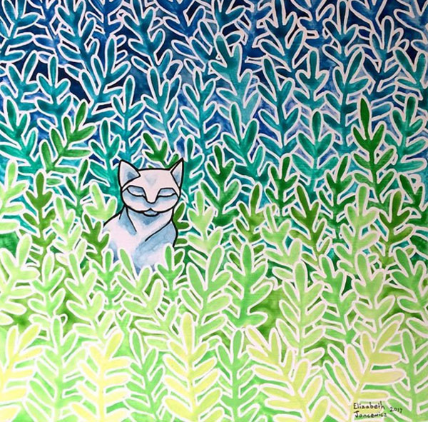 cat amid ferns art