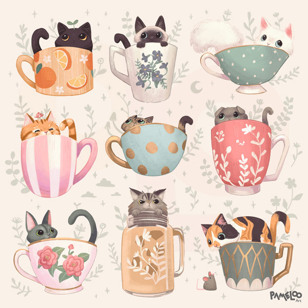 cats in cups art