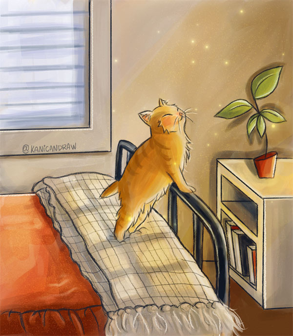 happy bed cat art