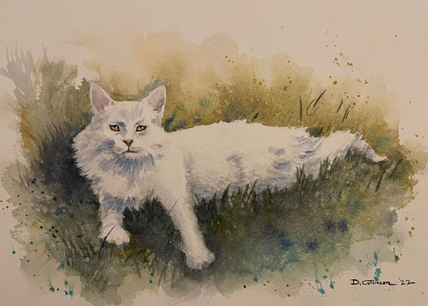 white cat watercolor art