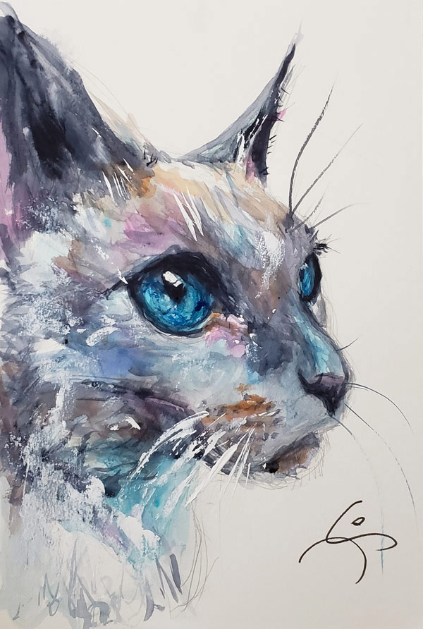 blue cat gouache art art