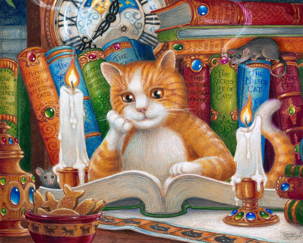 cat reading books art