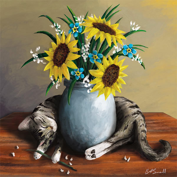 still life with cat and sunflowers