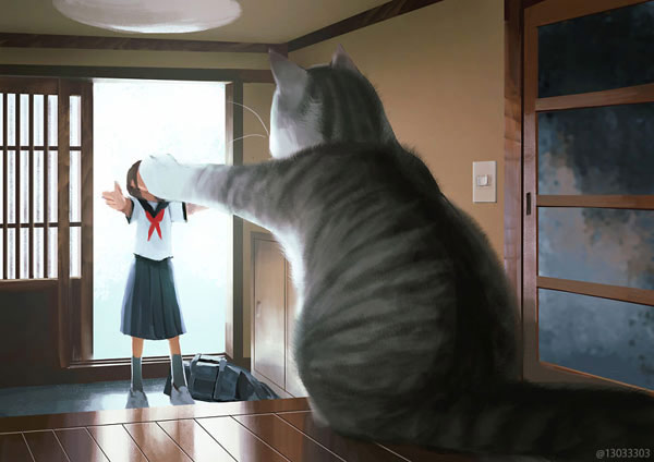giant cat welcomes japanese girl home art