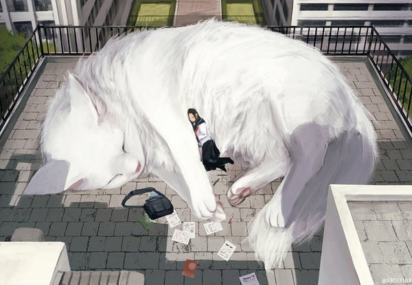 giant white cat sleeper art