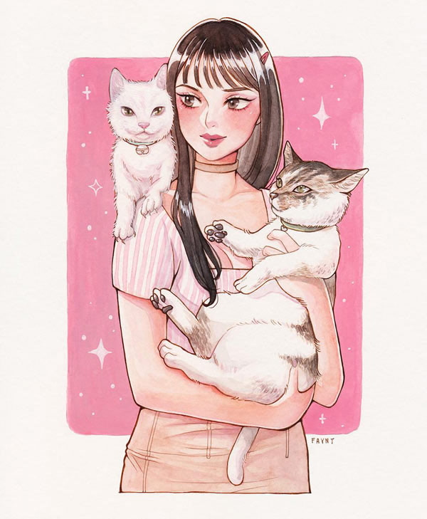 pink girl and cats art