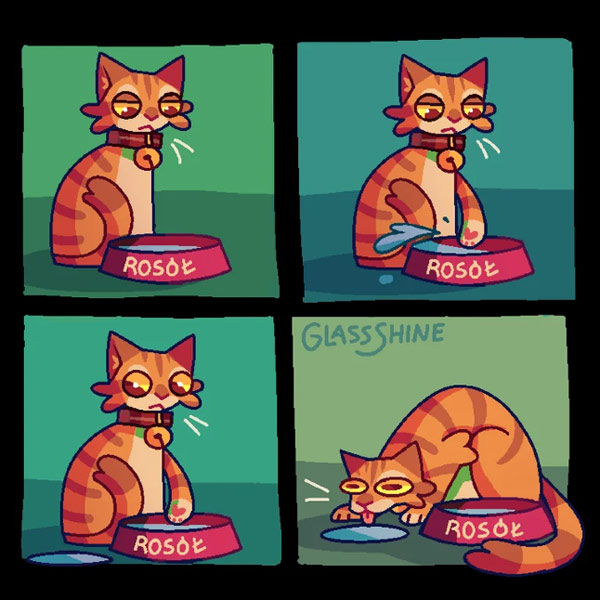 cat drink on floor comic