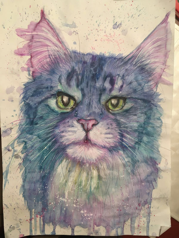 purple watercolor  cat  art