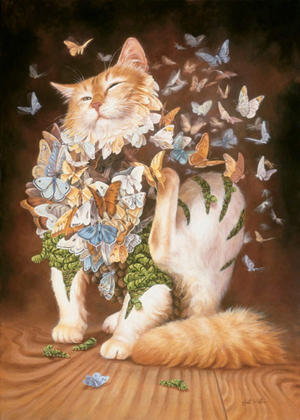 cat and butterflies art